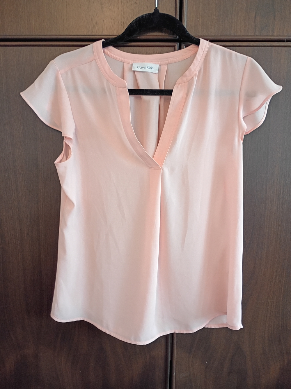Calvin Klein Soft Blush Split V-Neck Flutter Sleeve Blouse